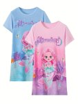 2PCS Girls Summer Cartoon Mermaid Pattern Short Sleeve Knee Length Dress Comfortable & Cute Style Princess For Girls Kids' Cozy