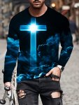 Cross Pattern 3D Printed Crew Neck Long Sleeve T-Shirt For Daily Wear And Vacation Resorts Spring And Fall