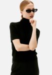 Fine-knit Polo-neck Top - Black