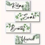 4 Pcs Green Leaves Wooden Wall Art - Relax Soak Unwind Breathe - Bedroom Bathroom Decor Plaques 25.4X10.16 Cm With Double-sided 