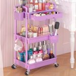 Goovilla Rolling Makeup Organizer Cart With Removable Drawer 3 Tier Stable Purple Floor Skincare Storage Cart For Vanity Cosmeti