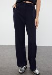 High Waist Wide Leg Pleated Woven Trousers - Dark Navy Blue