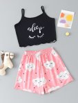 2 Pcs Girl's Casual Underwear Set Cute Eyelashes Cloud Print Cami Top & Shorts Comfy & Skin-friendly Set As Daily Gift