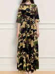 Geo Print Crew Neck Dress Elegant Half Sleeve Belted Dress Women's Clothing