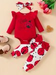 2PCS Baby's Littel Lady Print Bodysuit + Bowknot Cartoon Ladybug Pattern Casual Pants Toddler & Infant Girl's Clothing Set For S