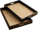Decorative Rectangular Serving Tray Set Black With Woven Base - 30 40 4.5 & 24 34 4.5CM Tray