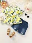 Girl's Outfit Lemons Graphic Peplum T-Shirt + Denim Shorts Set - Sweet & Fashion Girls Clothes For Spring Summer