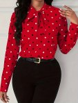 Polka-dot Print Tie Neck Blouse Elegant Long Sleeve Top For Spring & Fall Women's Clothing