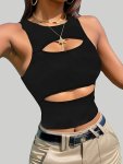 Solid Color Cut Out Tank Top Casual Crew Neck Tank Top For Summer Women's Clothing