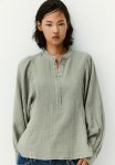 Batwing-sleeved Muslin Blouse - Light Khaki Green