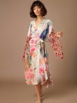 Floral Peacock Print Cover Up Kimono Long Sleeves Loose With Waistband Robes Women's Swimwear & Clothing
