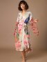 Floral Peacock Print Cover Up Kimono Long Sleeves Loose With Waistband Robes Women's Swimwear & Clothing