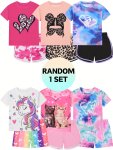 Random 1 Set Girl's Outfit Pony Kitten Leopard Tie Dye Graphic T-Shirt Tops + Shorts Co-ords Set - Ideal For Summer Casual Ou