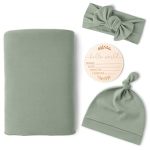 Konssy Baby Girl Newborn Receiving Blanket With Matching Headband And Beanie Set Baby Swaddle Nursery Swaddle Wrap