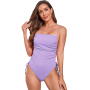 Draped High Cut Solid Colour One Piece Swimsuit - Purple - Xlarge