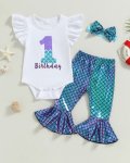 First Birthday Ruffle Sleeve Romper With Mermaid Bell Bottoms And Headband