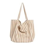 Xiayupagu Striped Canvas Tote Handbag For Women Vertical Stripe Large Capacity Shoulder Bag For Shopping Travel Thin Khaki