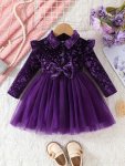 Cute Toddler Baby Girl Spring And Autumn Long-sleeved Love Printed Bow Double-layer Mesh Dress