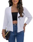 Aamilife Women's 3 4 Sleeve Cropped Cardigans Sweaters Jackets Open Front Hollow Out Short Shrugs White M