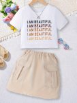 2PCS 'beautiful' Print Short Sleeve Tee + Cargo Skirt Set - Spring Summer Clothes Girls Outfit Gift