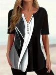 Plus Size Geometric Print T-Shirt Casual V Neck Short Sleeve Buttons T-Shirt Women's Plus Sizeclothing