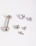 Surgical Steel Single Flat Back Bar With Interchangeable Cubic Zirconia & Polished Interchangeable Ends 6-PACK