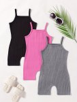 Girls 3-PIECE Casual & Comfy Cami Ribbed Rompers For Spring & Summer Exercise & Workout