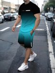 Men's Casual Outfit Set Round Neck Short Sleeve T-Shirt And Drawstring Shorts Gradient Pattern High-definition Print Summer Outf