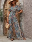 Paisley Print Surplice Neck Jumpsuit Elegant Short Sleeve Shirred Waist Wide Leg Jumpsuit Women's Clothing