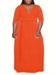Plus Size Casual Dress Women's Plus Solid Half Sleeve Surplice Neck Medium Stretch Maxi Dress With Belt