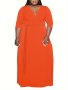 Plus Size Casual Dress Women's Plus Solid Half Sleeve Surplice Neck Medium Stretch Maxi Dress With Belt