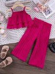 Baby's Trendy Solid Color 2PCS Summer Outfit Layered Cami Top & Textured Wide Leg Pants Set Toddler & Infant Girl's Clothes For