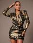 Women's Elegant 70'S Black And Gold Autumn MINI Dress Slim Fit High Neck Pleated Party Night Out Cocktail Valentine's Day & Holiday Stage Outfit