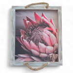 Handmade Wooden Tray With Protea Portrait And Rope Handles
