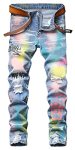 Enrica Men's Casual Color Printed Ripped Distressed Jeans Skinny Denim Pants Rainbow Blue 3029 34