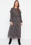 Shawl Pattern Chiffon Dress- Brown