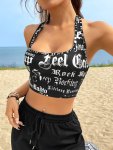 Letter Print Halter Neck Tank Top Elegant Sleeveless Crop Top For Spring & Summer Women's Clothing