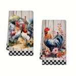 Farmhouse Rooster Kitchen Towels Set Of 2 - Microfiber Knit Fabric Dish Cloths Machine Washable Super Absorbent Vintage Style An