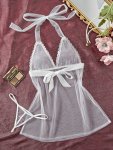Halter Neck Mesh Semi-sheer Lingerie Set Deep V Dress & Thong Women's Sexy Clothing