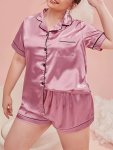 Women's Plus Casual Pajamas Set Plus Size Contrast Binding Short Sleeve Button Up Satin Shirt & Shorts Lounge 2 Piece Set