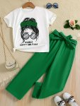 2PCS Casual Cartoon Girl Graphic Short Sleeve T-Shirt Top + Wide Leg Pants Set For Girls Summer Party