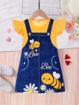 Girl's Cute Bee & Daisy Graphic Frill Sleeve T-Shirt Dress Holiday Going Out Casual Dresses Summer Gift