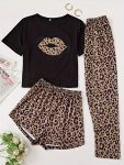 Casual Leopard Lip Print Pajama Set Cozy Short Sleeve Round Neck Top & Pants & Shorts Women's Sleepwear & Loungewear