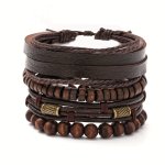 4PCS Fashion Men's Bracelets Retro Multi-layer Wooden Beads Bracelets Trendy Accessories
