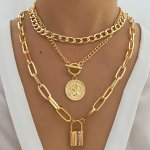 Exaggerated Portrait Lock Pendant Necklace Golden Light Luxury Court Style Middle Eastern Lady Personality Party Banquet Queen S