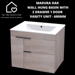 Madura Oak Wall Hung Basin With 2 Drawer 1 Door Vanity - 600MM