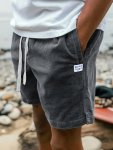 Men's Label Patched Corduroy Shorts With Drawstrings Casual Stylish Versatile Shorts For Summer Outdoors