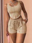 Solid Casual Two-piece Set Crew Neck Corset Tank Top & Drawstring Elastic Waist Shorts Outfits Women's Clothing