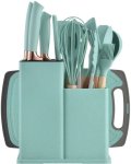 19 Piece Stainless Steel Chefs Silicone Kitchenware Kit 19 Pieces Knife & Spoon Set With Storage Rack - Green