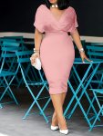 Surplice Neck Batwing Sleeve Dress Elegant Sheath Beaded Dress For Spring & Summer Women's Clothing For Elegant Dressing